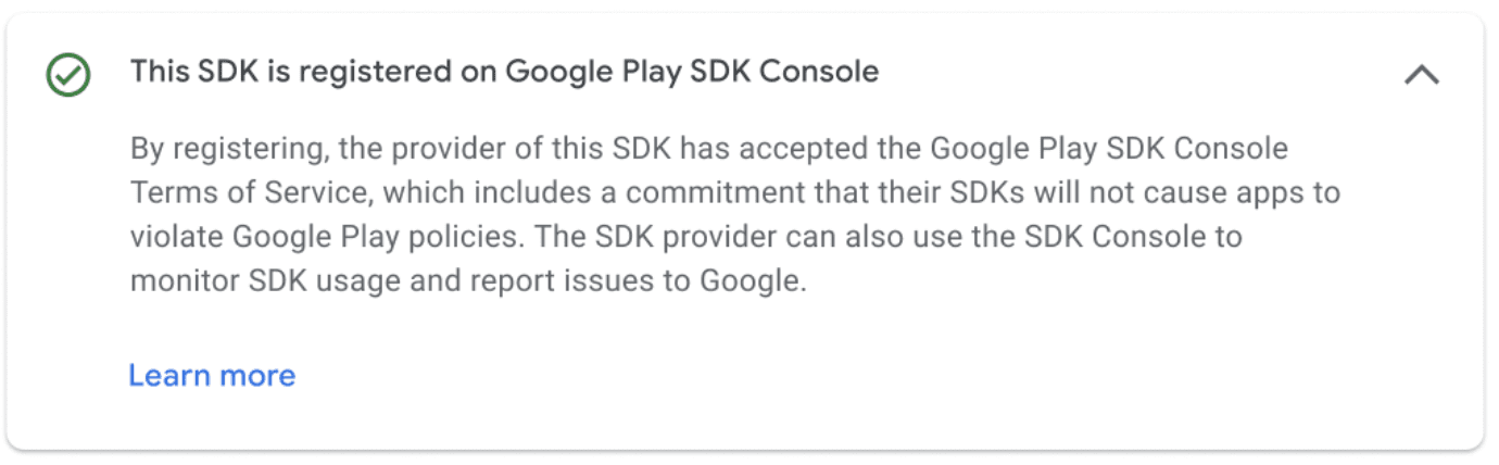 SDK registered on the Google Play SDK Console